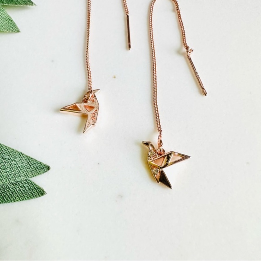 Origami Crane Bird Rose Gold Threader Earrings Delicate Long Chain Tassel - Picture 3 of 10